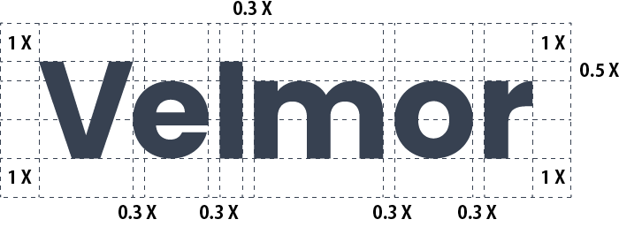 Velmor ロゴタイプのグリッドルール。上下左右の余白を1X、文字間の基準を0.3X、天地の補助ガイドを0.5Xとして示している。